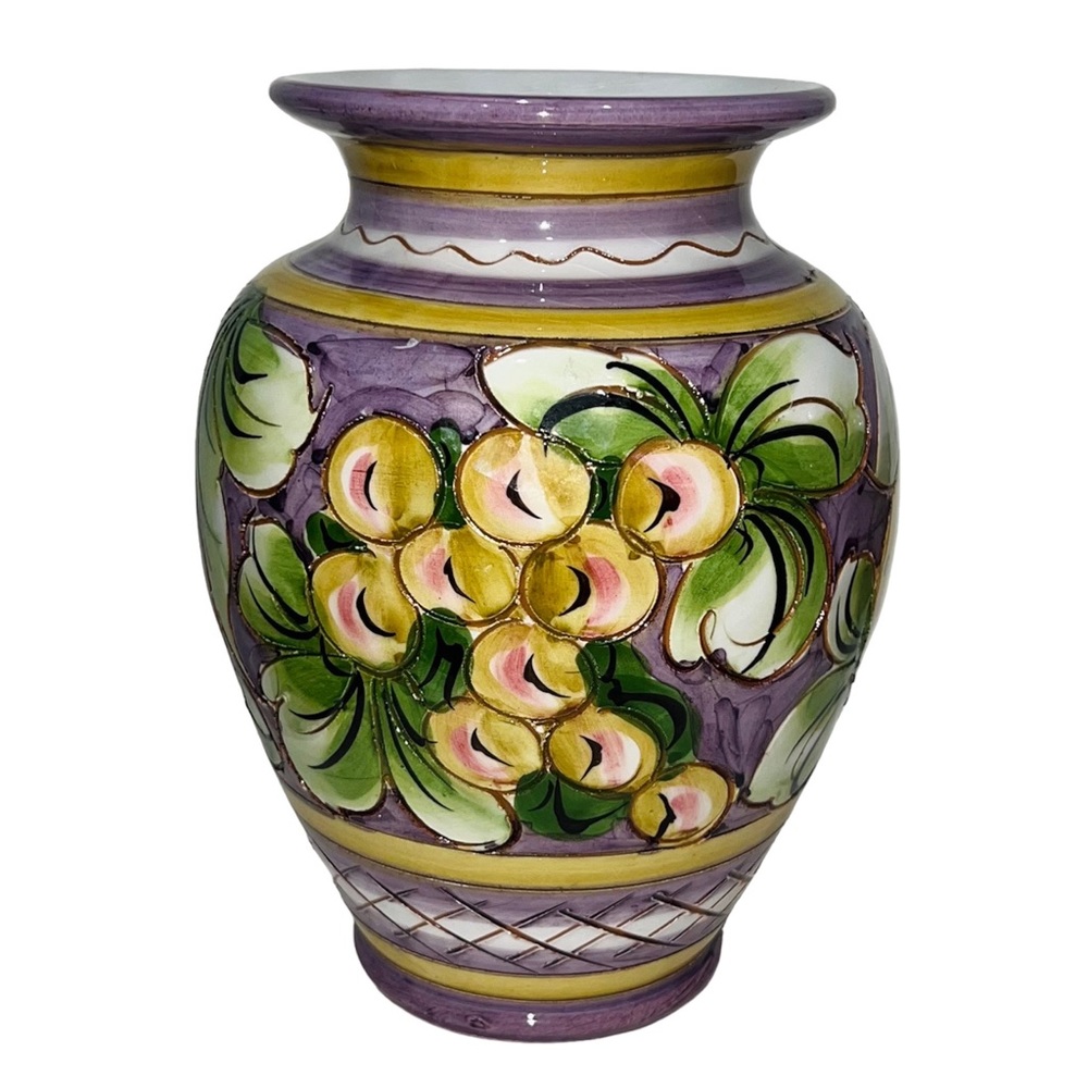 Vintage Italian Moriage vase fruit designs purple pear peach grapes